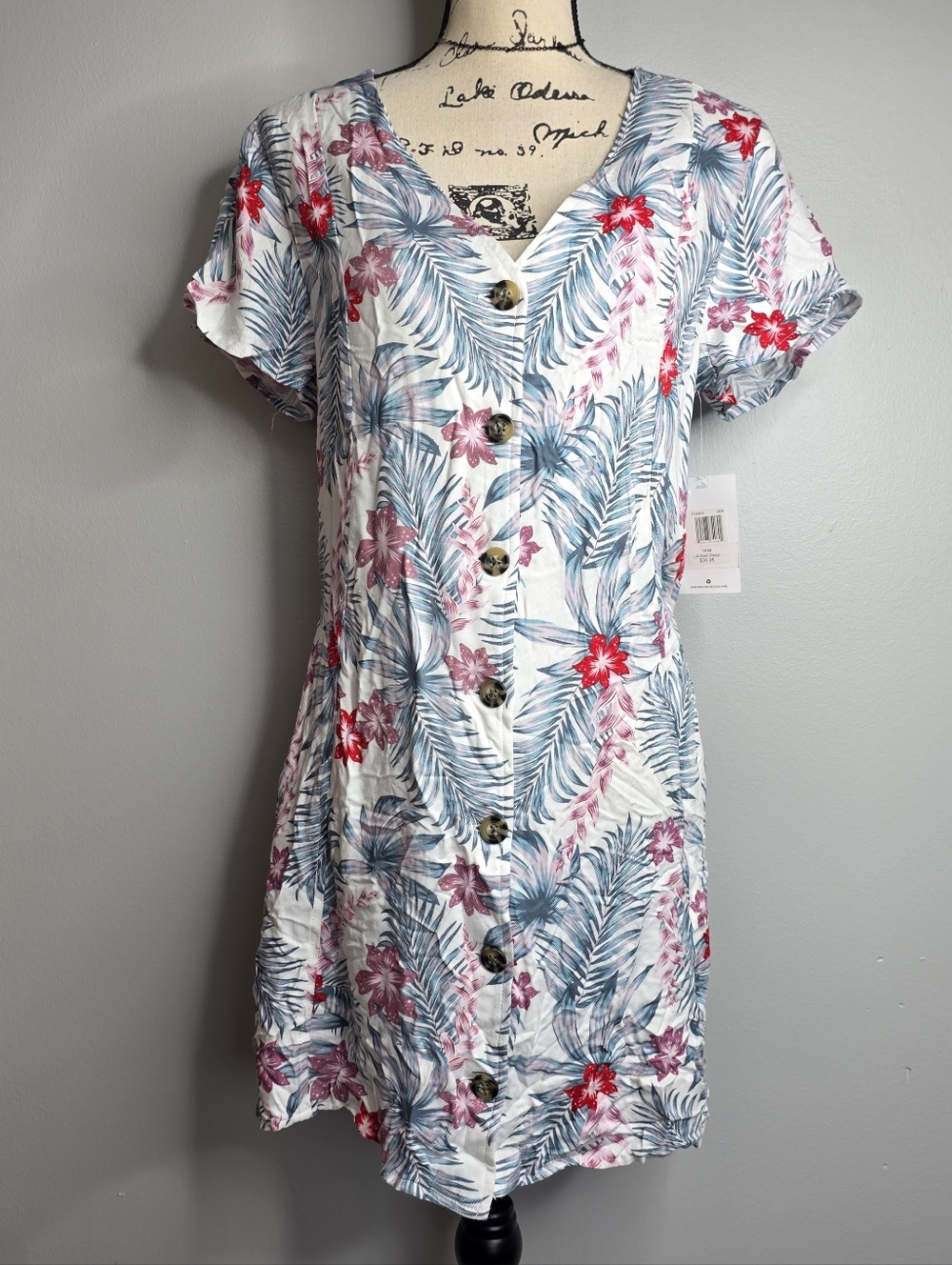 Hurley Tropical Floral V-Neck Button-Front Mini Dress - NWT Small